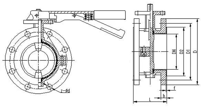 D41F手動法蘭蝶閥，不銹鋼法蘭蝶閥，襯四氟法蘭蝶閥結(jié)構(gòu)尺寸